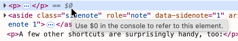 Chrome DevTools console showing the `== $0` prompt with a tooltip that says, “Use $0 in the console to refer to this element.”